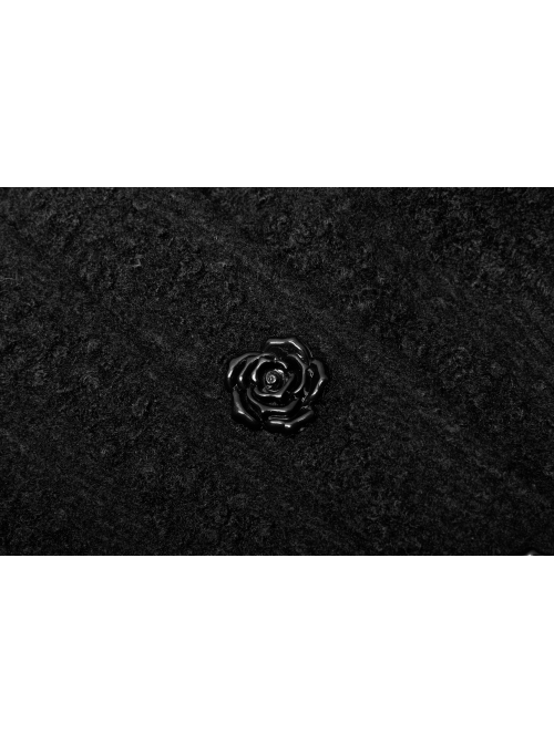 Fur Collar Fur Ball Decoration Front Retro Rose Button Black Gothic Jacquard Woolen Coat