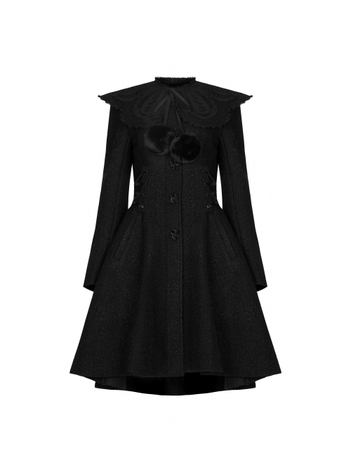 Fur Collar Fur Ball Decoration Front Retro Rose Button Black Gothic Jacquard Woolen Coat
