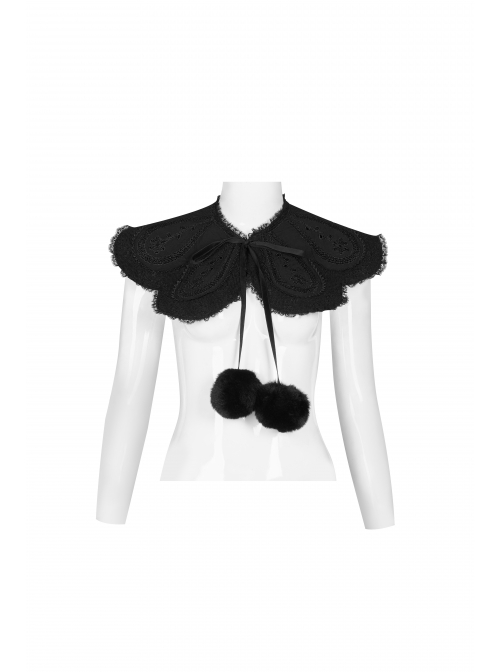 Fur Collar Fur Ball Decoration Front Retro Rose Button Black Gothic Jacquard Woolen Coat