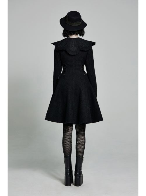 Fur Collar Fur Ball Decoration Front Retro Rose Button Black Gothic Jacquard Woolen Coat