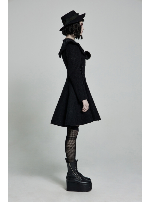 Fur Collar Fur Ball Decoration Front Retro Rose Button Black Gothic Jacquard Woolen Coat