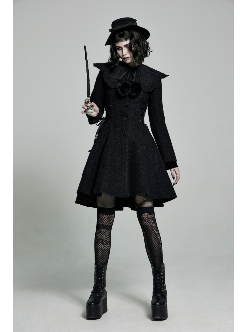 Fur Collar Fur Ball Decoration Front Retro Rose Button Black Gothic Jacquard Woolen Coat