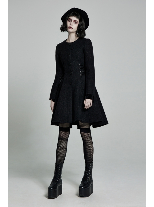 Fur Collar Fur Ball Decoration Front Retro Rose Button Black Gothic Jacquard Woolen Coat