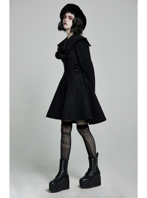 Fur Collar Fur Ball Decoration Front Retro Rose Button Black Gothic Jacquard Woolen Coat