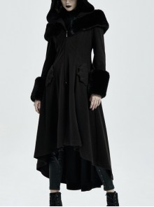 Fur Shoulder Back Waist Lace-Up Black Gothic Woolen Hoodie Coat