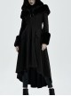 Fur Shoulder Back Waist Lace-Up Black Gothic Woolen Hoodie Coat