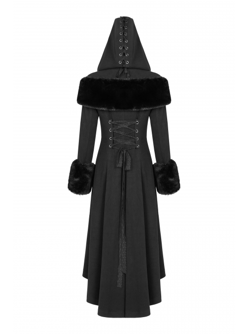 Fur Shoulder Back Waist Lace-Up Black Gothic Woolen Hoodie Coat