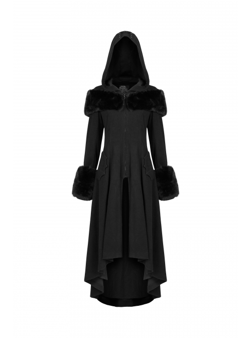 Fur Shoulder Back Waist Lace-Up Black Gothic Woolen Hoodie Coat