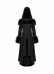 Fur Shoulder Back Waist Lace-Up Black Gothic Woolen Hoodie Coat