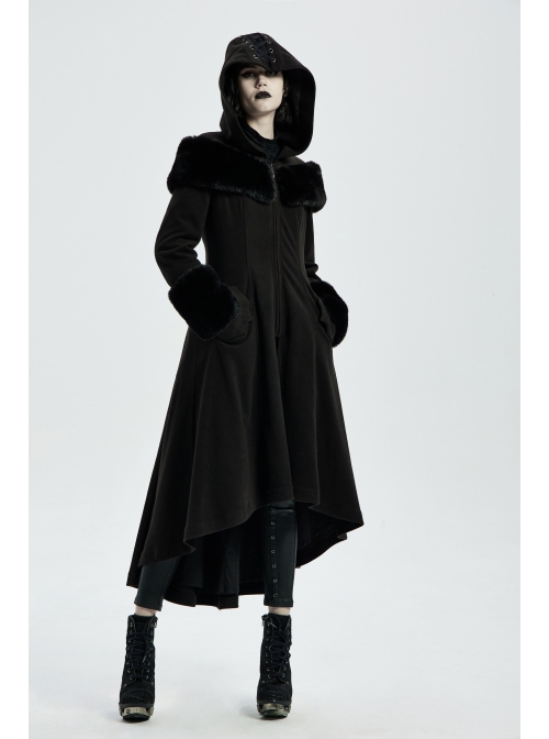 Fur Shoulder Back Waist Lace-Up Black Gothic Woolen Hoodie Coat