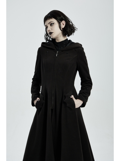 Fur Shoulder Back Waist Lace-Up Black Gothic Woolen Hoodie Coat