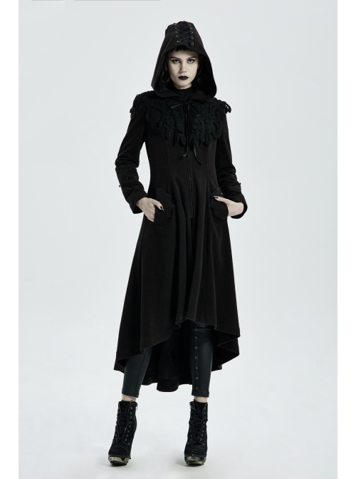 Fur Shoulder Back Waist Lace-Up Black Gothic Woolen Hoodie Coat