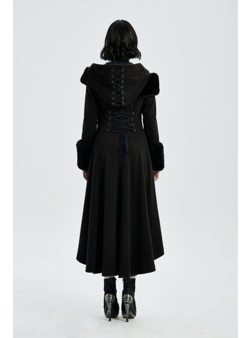 Fur Shoulder Back Waist Lace-Up Black Gothic Woolen Hoodie Coat