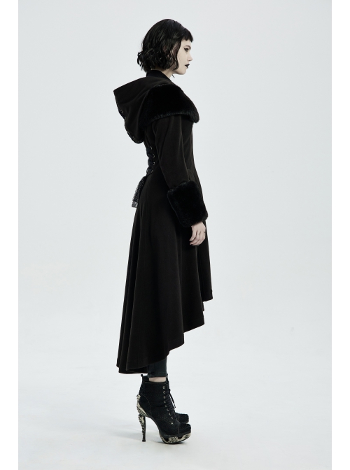 Fur Shoulder Back Waist Lace-Up Black Gothic Woolen Hoodie Coat