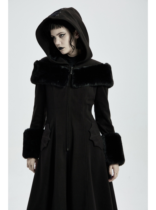 Fur Shoulder Back Waist Lace-Up Black Gothic Woolen Hoodie Coat