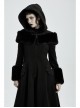 Fur Shoulder Back Waist Lace-Up Black Gothic Woolen Hoodie Coat
