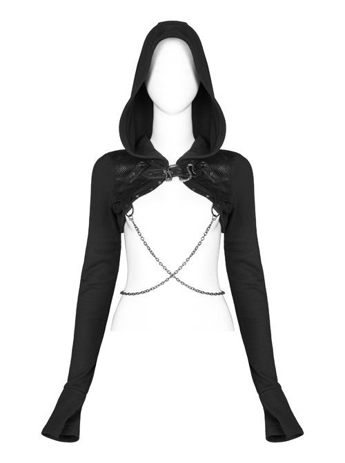 Metal Buckle Collar Metal Chain Decoration Black Punk Woven Short Hoodie Coat