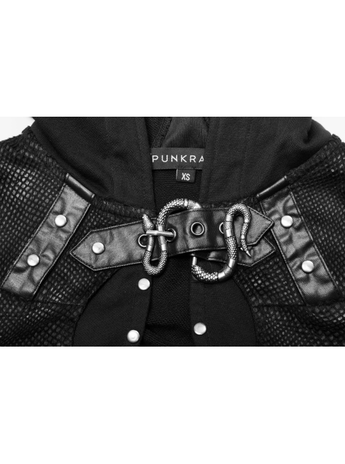 Metal Buckle Collar Metal Chain Decoration Black Punk Woven Short Hoodie Coat
