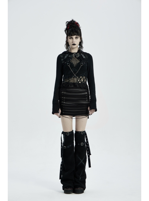 Metal Buckle Collar Metal Chain Decoration Black Punk Woven Short Hoodie Coat