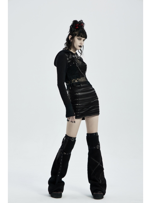 Metal Buckle Collar Metal Chain Decoration Black Punk Woven Short Hoodie Coat