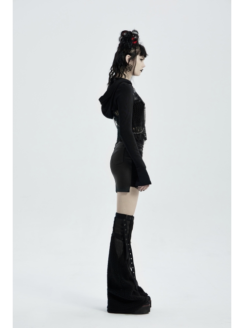 Metal Buckle Collar Metal Chain Decoration Black Punk Woven Short Hoodie Coat