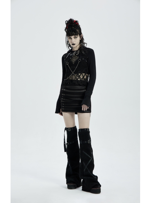 Metal Buckle Collar Metal Chain Decoration Black Punk Woven Short Hoodie Coat