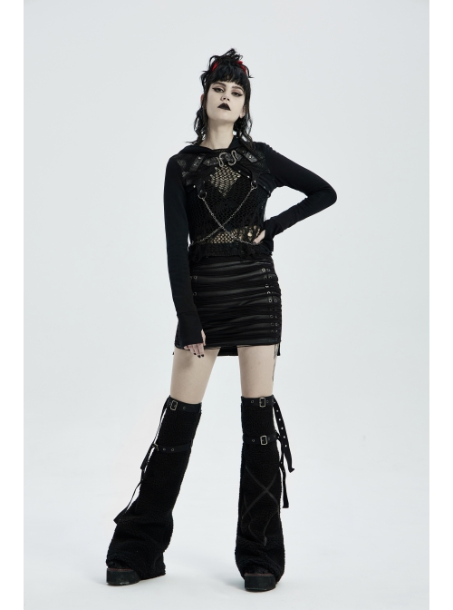 Metal Buckle Collar Metal Chain Decoration Black Punk Woven Short Hoodie Coat