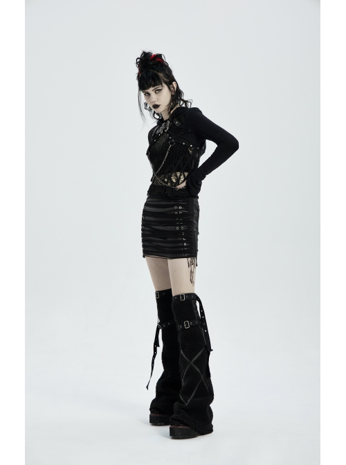 Metal Buckle Collar Metal Chain Decoration Black Punk Woven Short Hoodie Coat