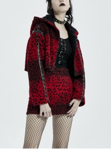 Metal Eyelets Leather Strap Decoration Red Leopard Print Punk Short Hoodie Cashmere Coat