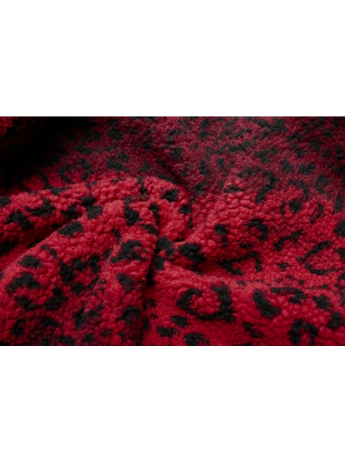 Metal Eyelets Leather Strap Decoration Red Leopard Print Punk Short Hoodie Cashmere Coat