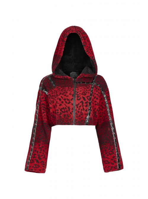 Metal Eyelets Leather Strap Decoration Red Leopard Print Punk Short Hoodie Cashmere Coat