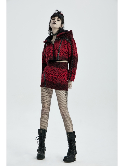 Metal Eyelets Leather Strap Decoration Red Leopard Print Punk Short Hoodie Cashmere Coat