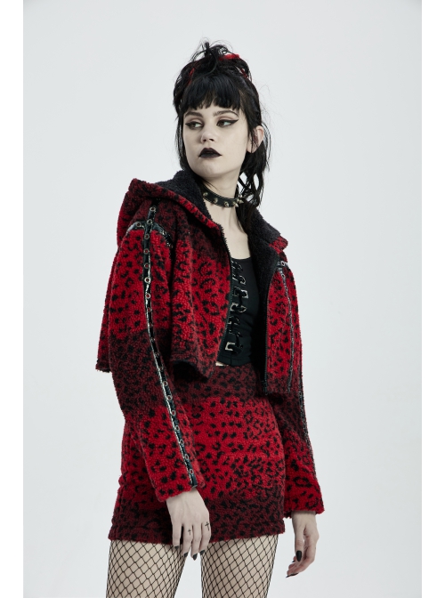 Metal Eyelets Leather Strap Decoration Red Leopard Print Punk Short Hoodie Cashmere Coat