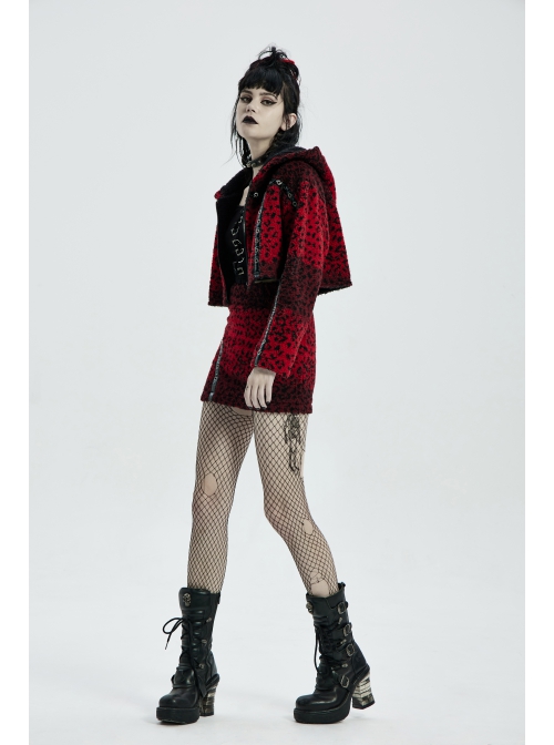 Metal Eyelets Leather Strap Decoration Red Leopard Print Punk Short Hoodie Cashmere Coat