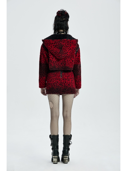 Metal Eyelets Leather Strap Decoration Red Leopard Print Punk Short Hoodie Cashmere Coat