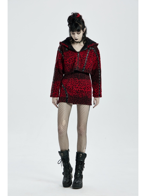 Metal Eyelets Leather Strap Decoration Red Leopard Print Punk Short Hoodie Cashmere Coat