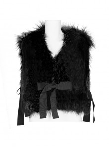 Side Bandage Sleeveless Black Punk Artificial Fox Fur Coat