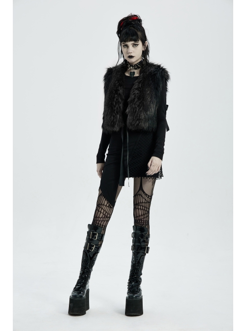 Side Bandage Sleeveless Black Punk Artificial Fox Fur Coat