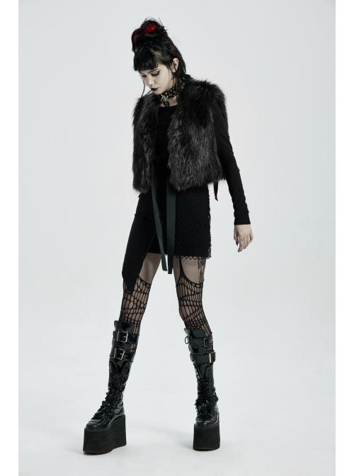 Side Bandage Sleeveless Black Punk Artificial Fox Fur Coat