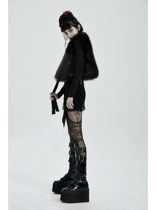 Side Bandage Sleeveless Black Punk Artificial Fox Fur Coat