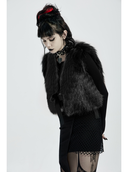 Side Bandage Sleeveless Black Punk Artificial Fox Fur Coat