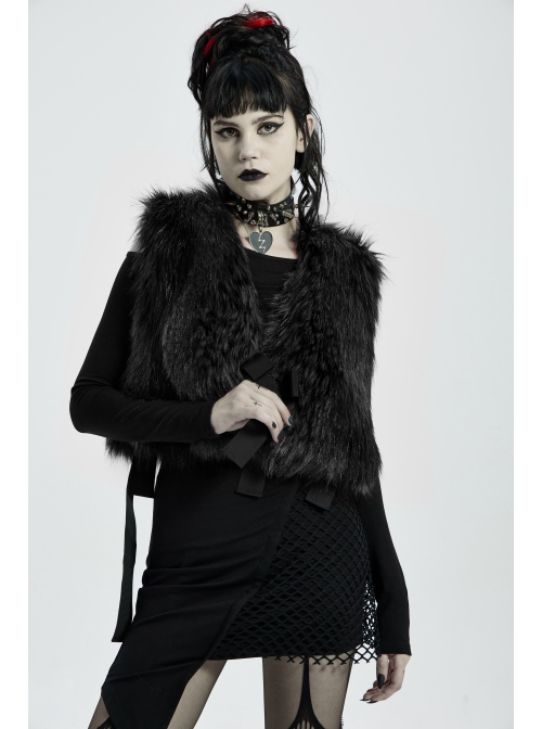 Side Bandage Sleeveless Black Punk Artificial Fox Fur Coat