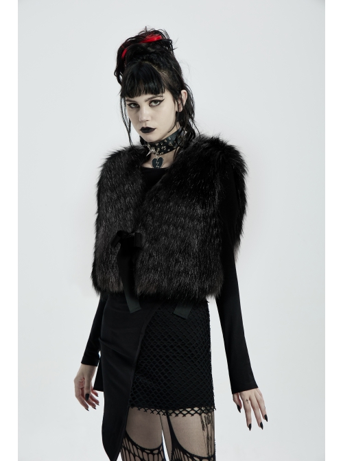 Side Bandage Sleeveless Black Punk Artificial Fox Fur Coat