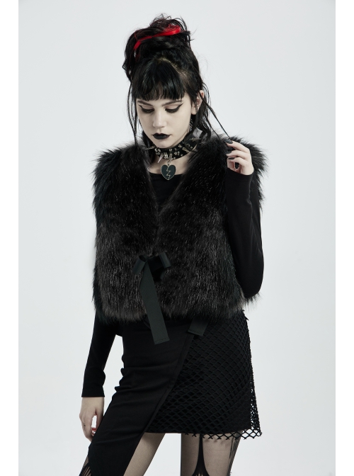 Side Bandage Sleeveless Black Punk Artificial Fox Fur Coat