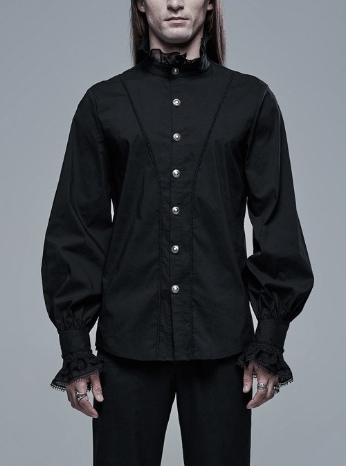 High Collar Front Ribbon Decoration Retro Metal Button Lace Cuff Black Gothic Shirt
