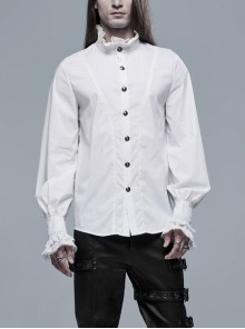 High Collar Front Ribbon Decoration Retro Metal Button Lace Cuff White Gothic Shirt