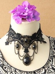 Gothic Fashion Handmade Retro Black Lace Flowers Gems All-Match Necklace