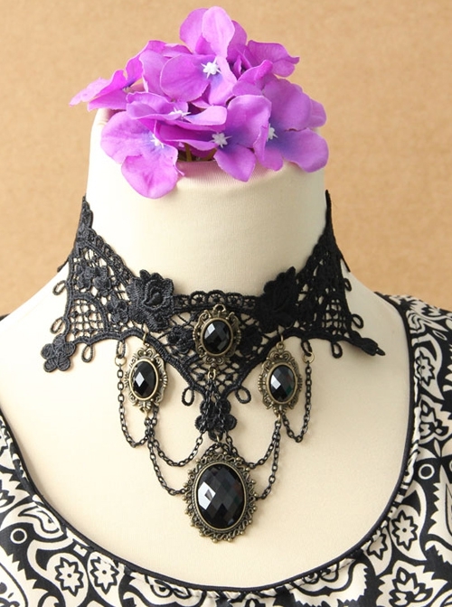 Gothic Fashion Handmade Retro Black Lace Flowers Gems All-Match Necklace