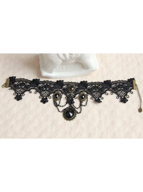 Gothic Fashion Handmade Retro Black Lace Flowers Gems All-Match Necklace