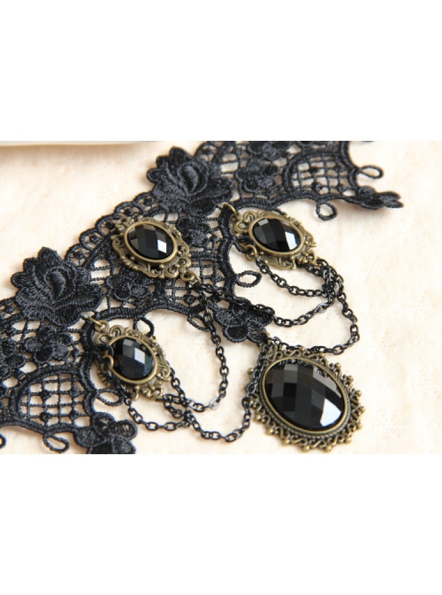 Gothic Fashion Handmade Retro Black Lace Flowers Gems All-Match Necklace